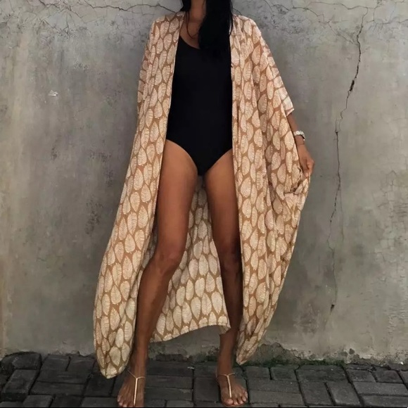 SOLD OUT Bohemian Leaf Pattern Kimono Swim Coverup Wrap Duster Robe - Picture 3 of 9